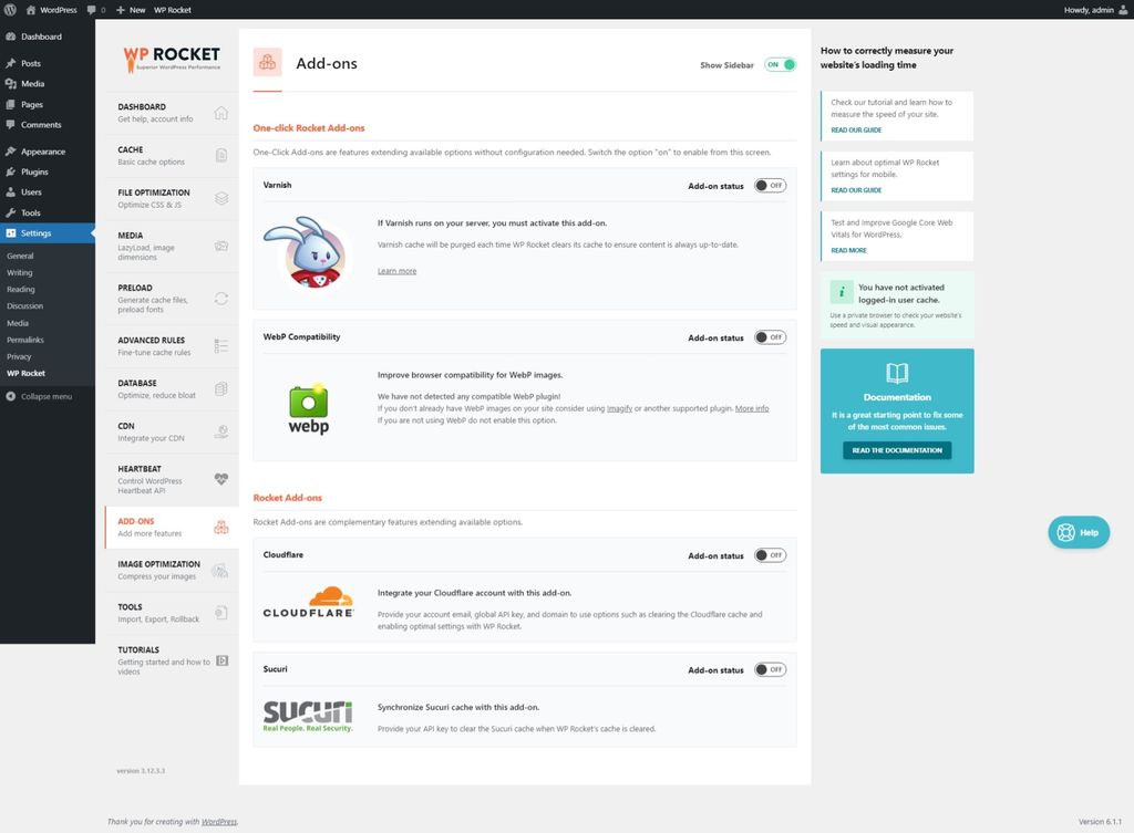 WP Rocket Add-ons settings page. WP Rocket Add-ons settings page.