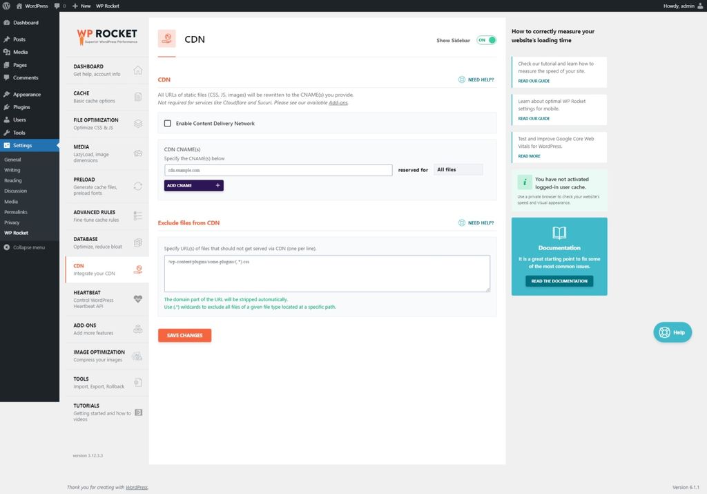 WP Rocket CDN settings page. WP Rocket CDN settings page.