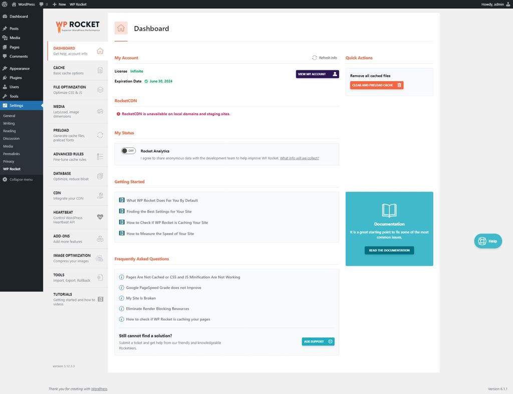 WP Rocket Dashboard page. WP Rocket Dashboard page.