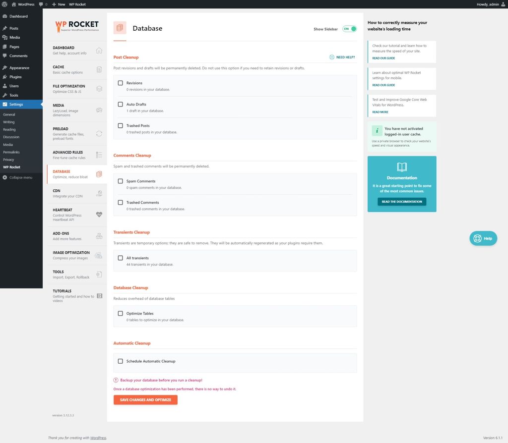 WP Rocket Database settings page. WP Rocket Database settings page.