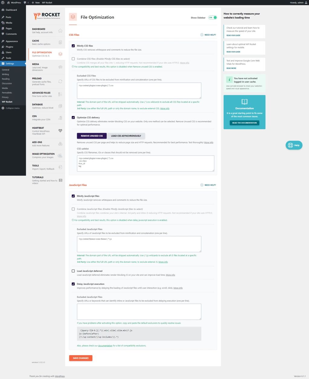 WP Rocket File Optimization settings page. WP Rocket File Optimization settings page.