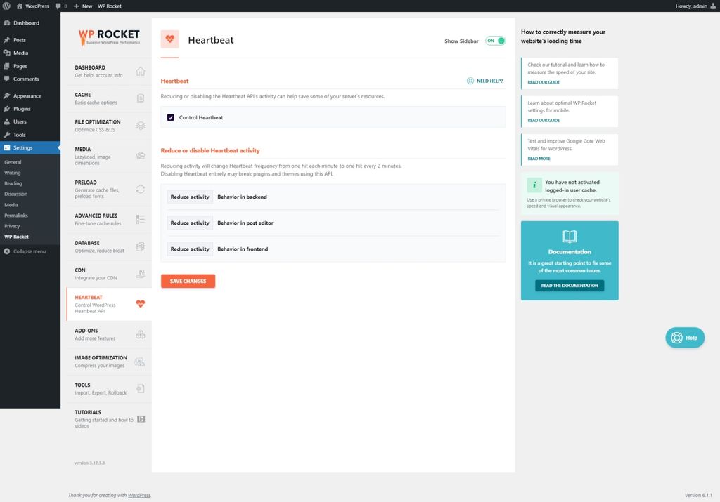 WP Rocket Heartbeat settings page. WP Rocket Heartbeat settings page.