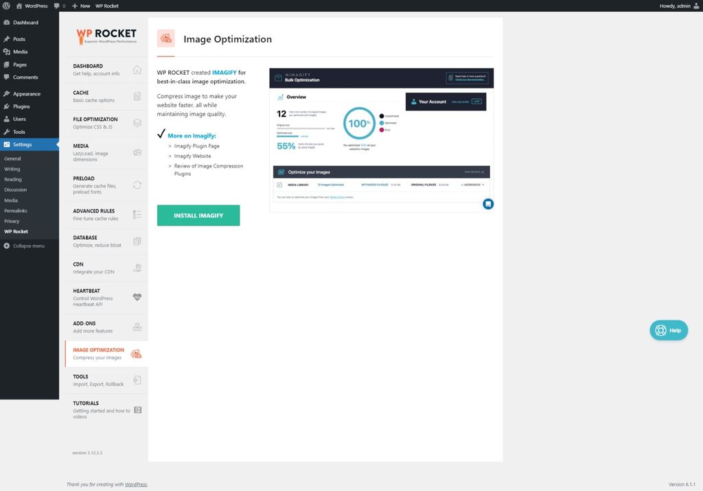 WP Rocket Image Optimization settings page. WP Rocket Image Optimization settings page.