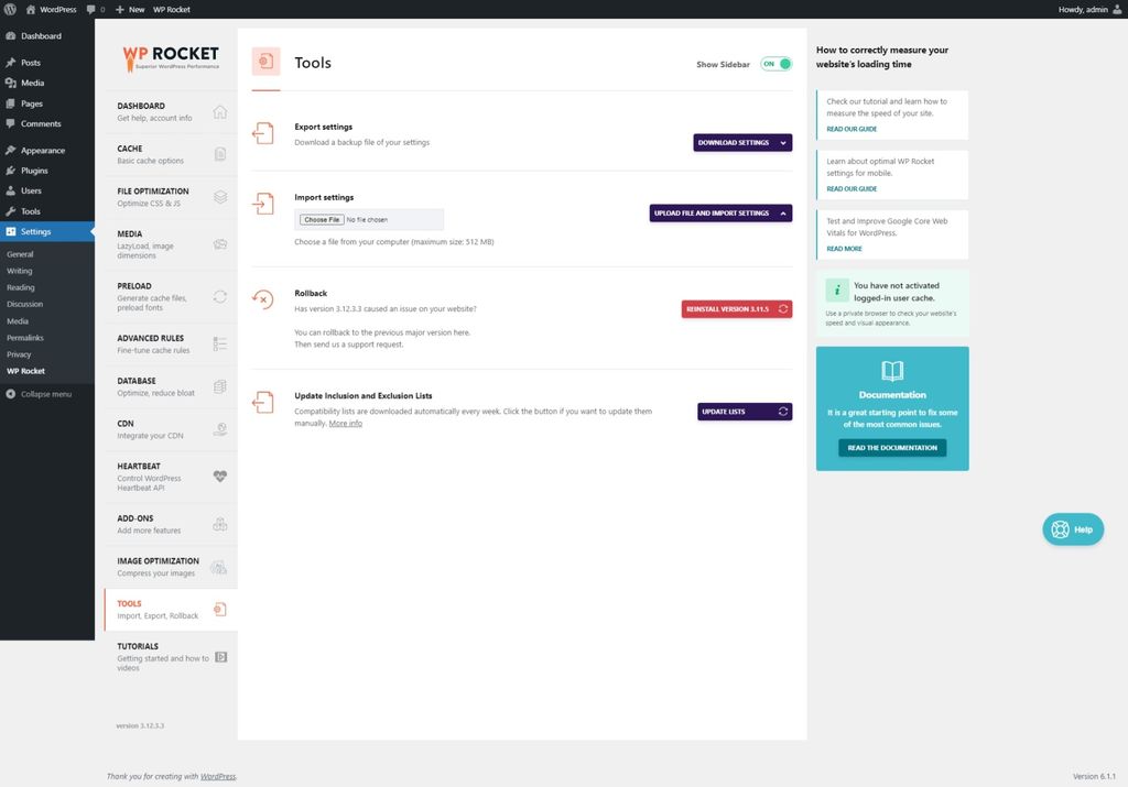 WP Rocket Tools page. WP Rocket Tools page.