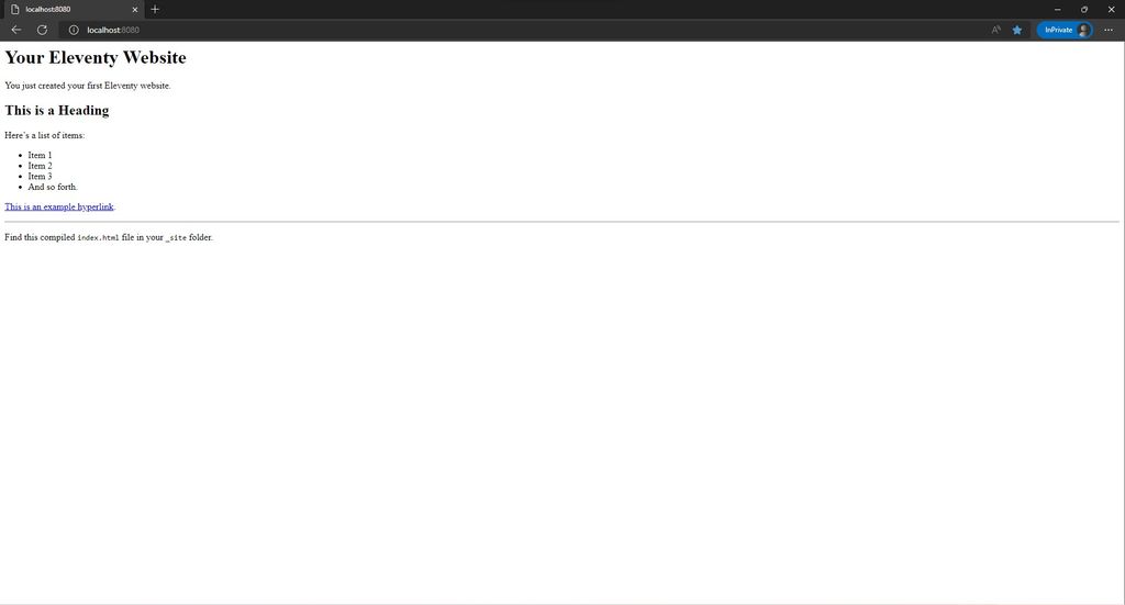 Accessing local Eleventy site via localhost. Accessing local Eleventy site via localhost.