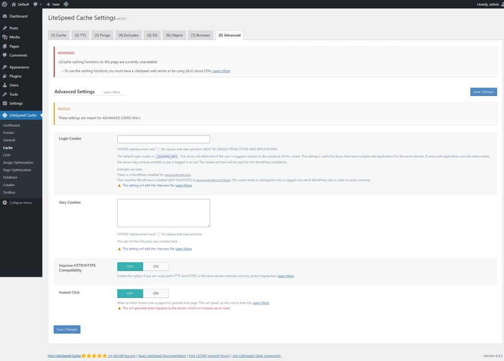 LiteSpeed Cache: Cache page > Advanced tab. LiteSpeed Cache: Cache page > Advanced tab.