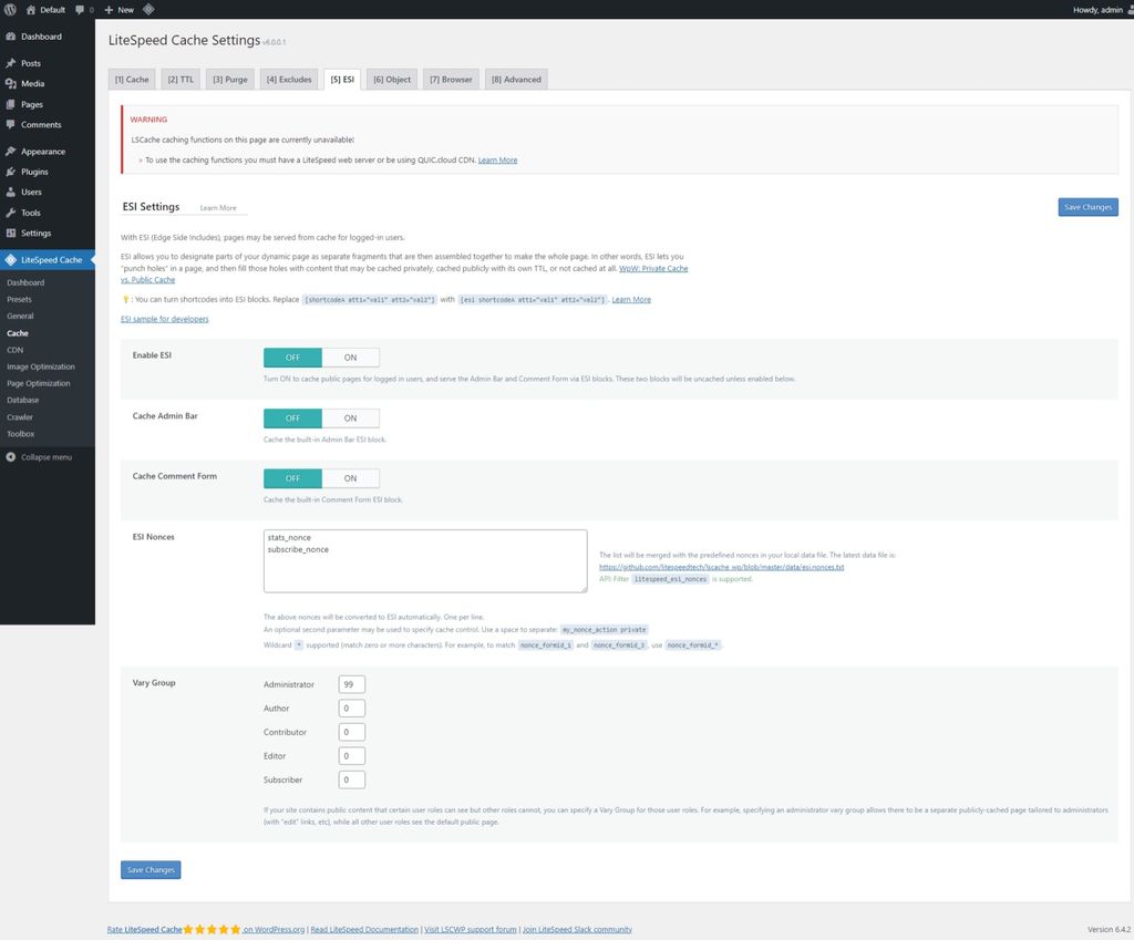 LiteSpeed Cache: Cache page > ESI tab. LiteSpeed Cache: Cache page > ESI tab.