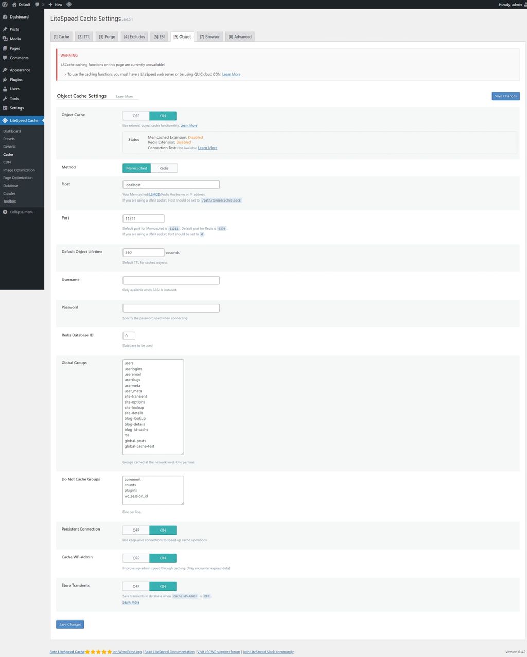 LiteSpeed Cache: Cache page > Object tab. LiteSpeed Cache: Cache page > Object tab.