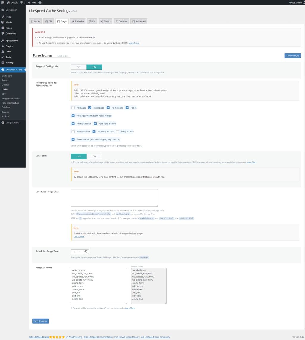 LiteSpeed Cache: Cache page > Purge tab. LiteSpeed Cache: Cache page > Purge tab.