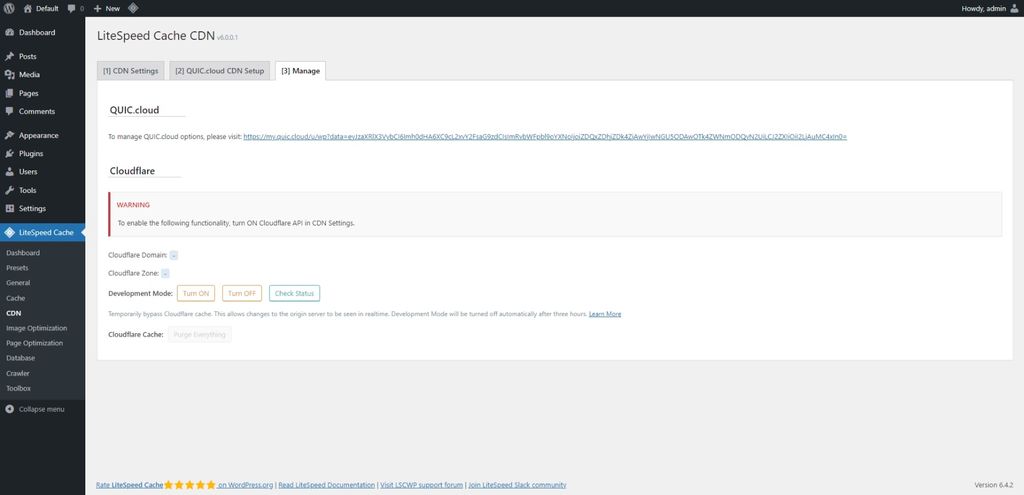 LiteSpeed Cache: CDN page > Manage tab. LiteSpeed Cache: CDN page > Manage tab.