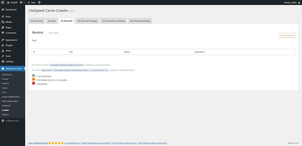 LiteSpeed Cache: Crawler page > Blocklist tab. LiteSpeed Cache: Crawler page > Blocklist tab.