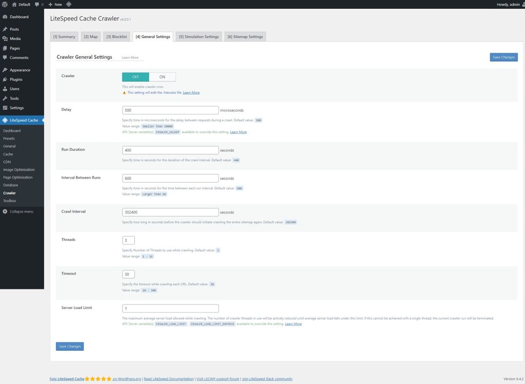 LiteSpeed Cache: Crawler page > General Settings tab. LiteSpeed Cache: Crawler page > General Settings tab.