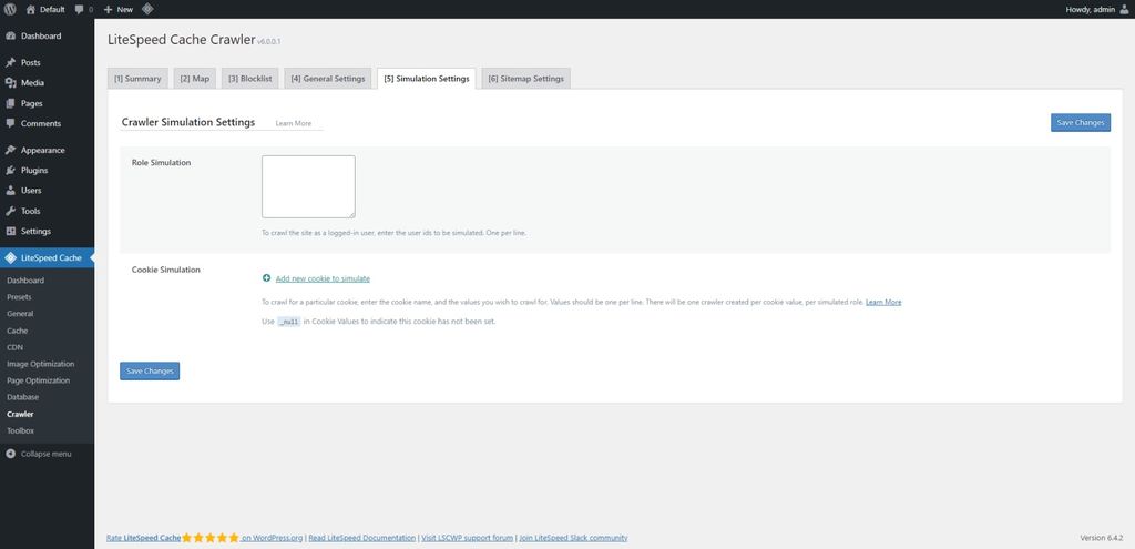LiteSpeed Cache: Crawler page > Simulation Settings tab. LiteSpeed Cache: Crawler page > Simulation Settings tab.