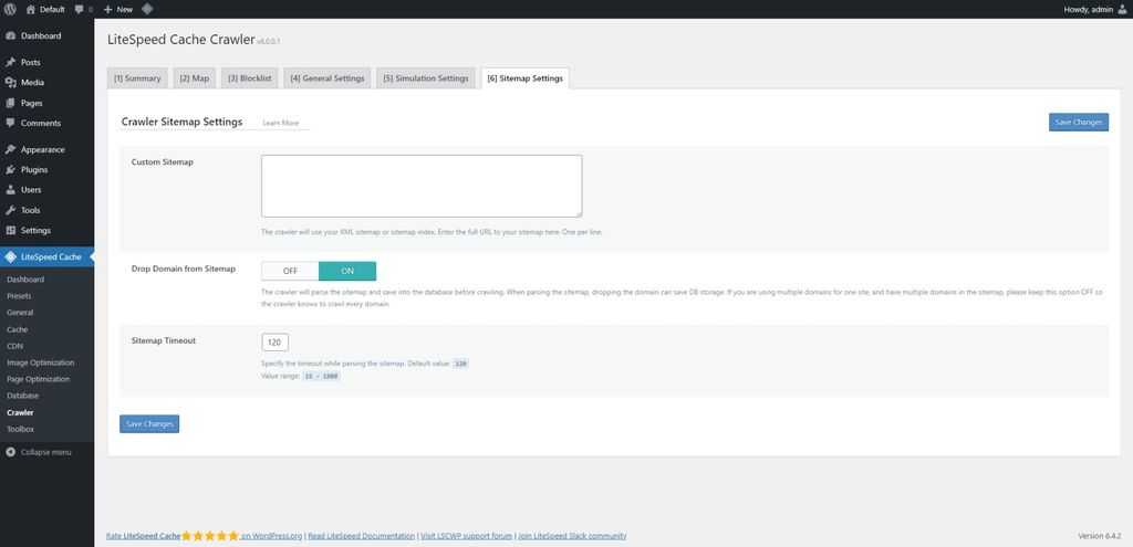 LiteSpeed Cache: Crawler page > Sitemap Settings tab. LiteSpeed Cache: Crawler page > Sitemap Settings tab.