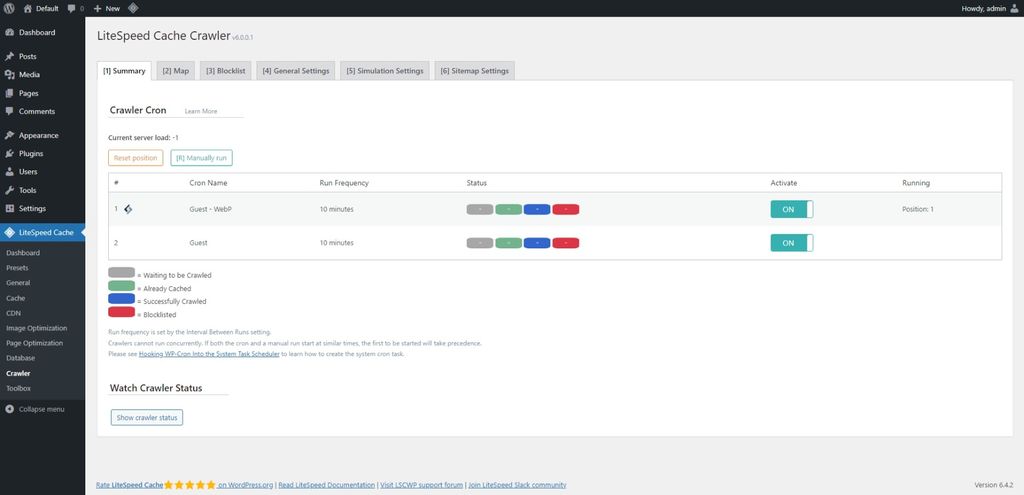 LiteSpeed Cache: Crawler page > Summary tab. LiteSpeed Cache: Crawler page > Summary tab.
