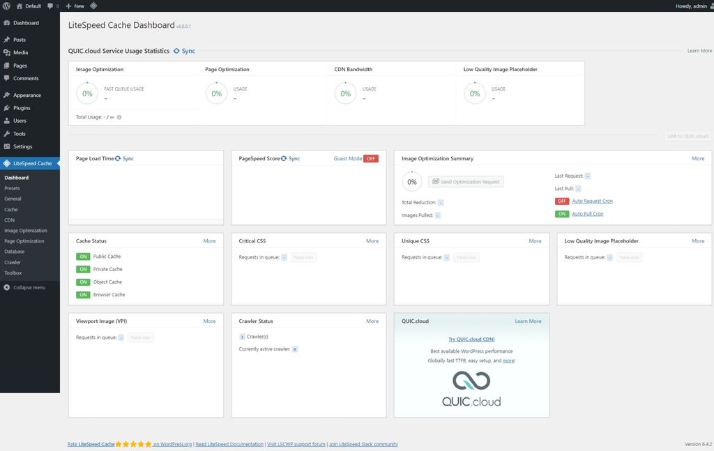 LiteSpeed Cache: Dashboard page. LiteSpeed Cache: Dashboard page.