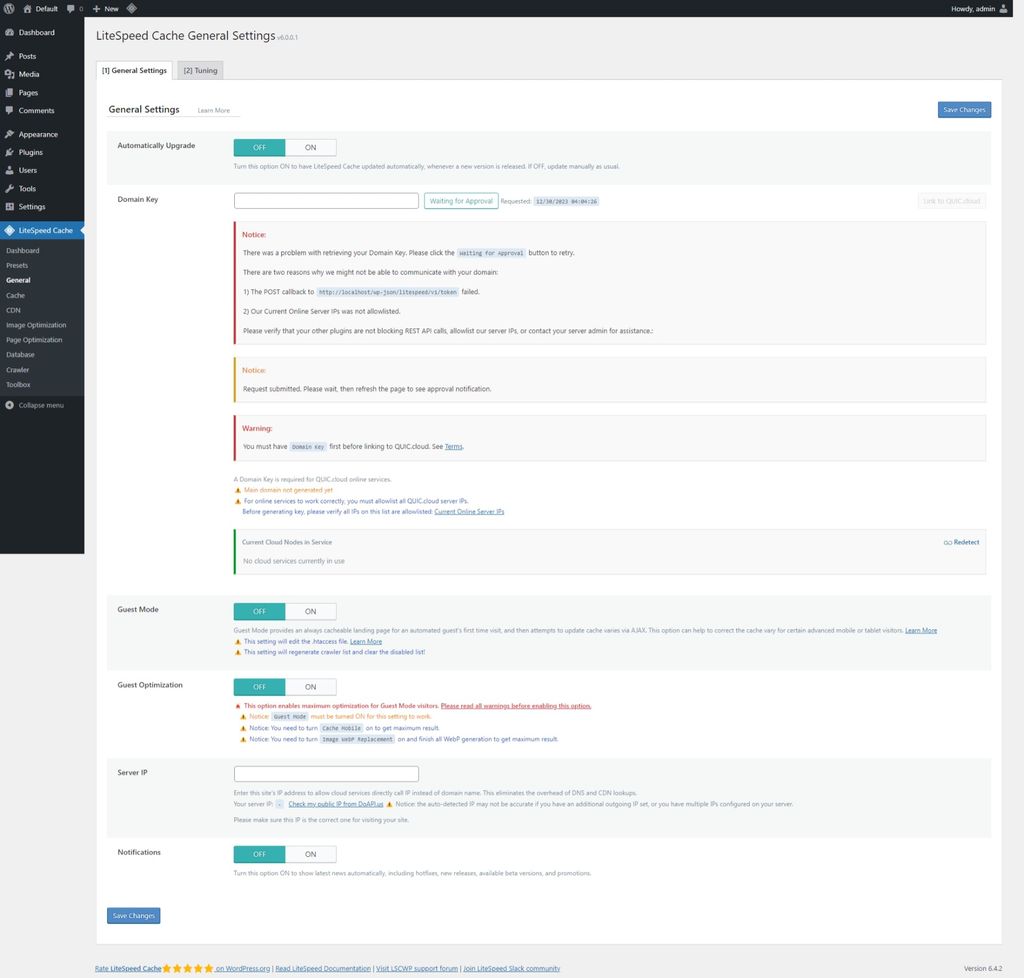 LiteSpeed Cache: General page > General Settings tab. LiteSpeed Cache: General page > General Settings tab.