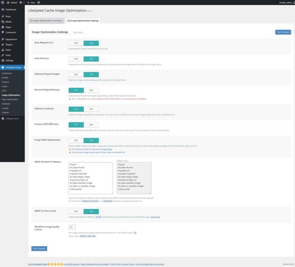 LiteSpeed Cache: Image Optimization page > Image Optimization Settings tab. LiteSpeed Cache: Image Optimization page > Image Optimization Settings tab.