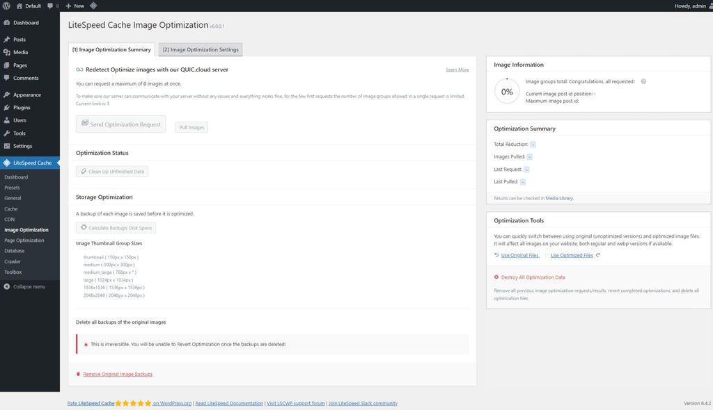 LiteSpeed Cache: Image Optimization page > Image Optimization Summary tab. LiteSpeed Cache: Image Optimization page > Image Optimization Summary tab.