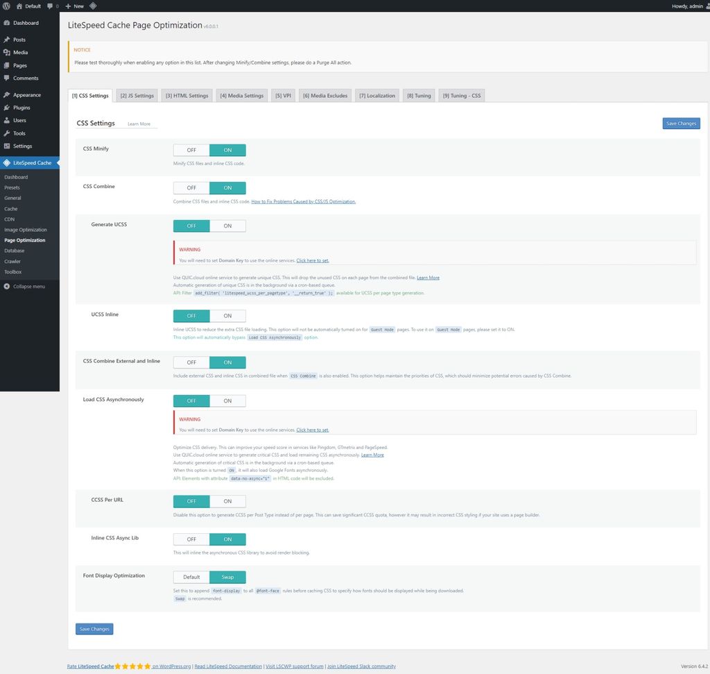 LiteSpeed Cache: Page Optimization page > CSS Settings tab. LiteSpeed Cache: Page Optimization page > CSS Settings tab.