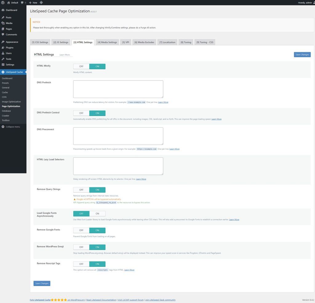 LiteSpeed Cache: Page Optimization page > HTML Settings tab. LiteSpeed Cache: Page Optimization page > HTML Settings tab.