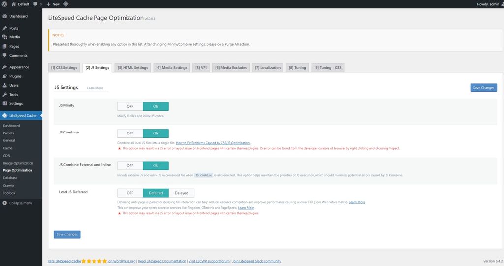 LiteSpeed Cache: Page Optimization page > JS Settings tab. LiteSpeed Cache: Page Optimization page > JS Settings tab.