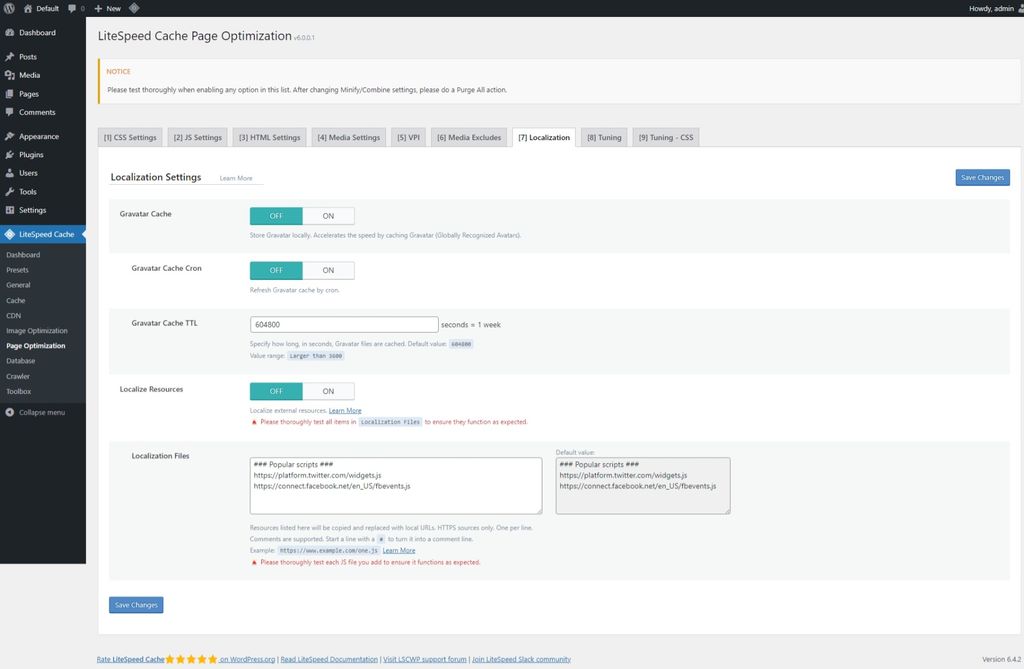 LiteSpeed Cache: Page Optimization page > Localization tab. LiteSpeed Cache: Page Optimization page > Localization tab.