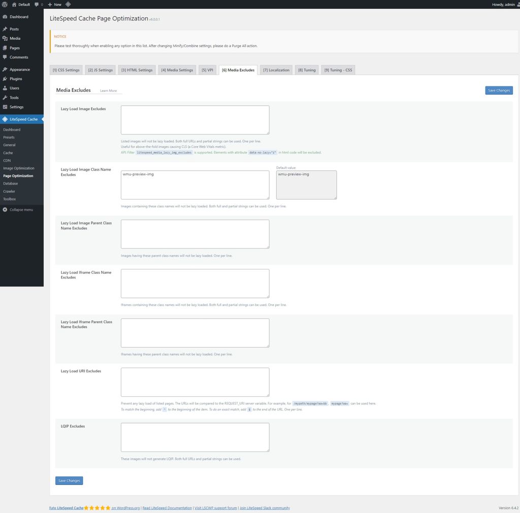 LiteSpeed Cache: Page Optimization page > Media Excludes tab. LiteSpeed Cache: Page Optimization page > Media Excludes tab.