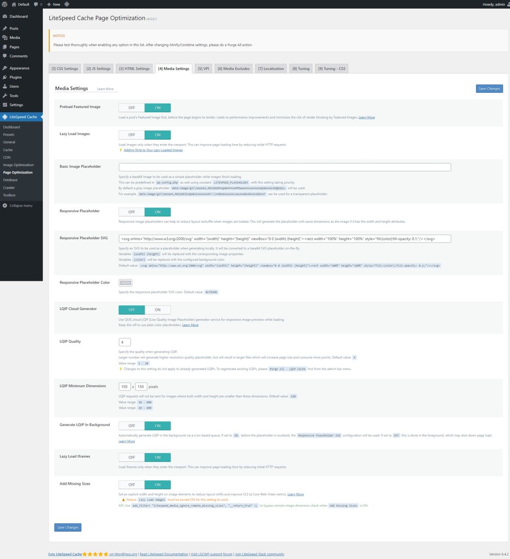 LiteSpeed Cache: Page Optimization page > Media Settings tab. LiteSpeed Cache: Page Optimization page > Media Settings tab.