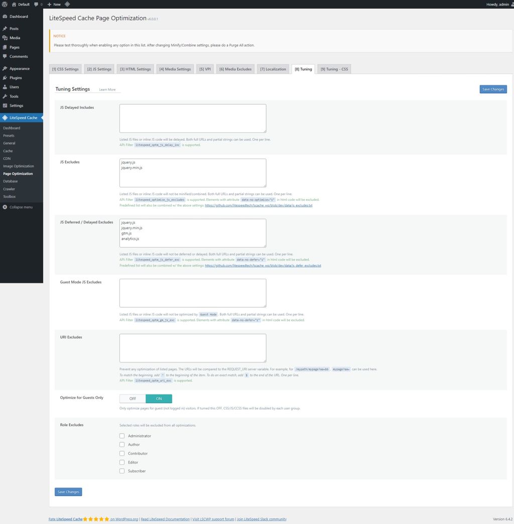 LiteSpeed Cache: Page Optimization page > Tuning tab. LiteSpeed Cache: Page Optimization page > Tuning tab.