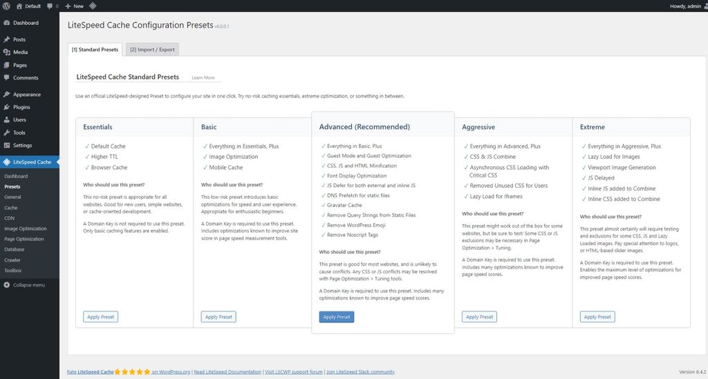 LiteSpeed Cache: Presets page. LiteSpeed Cache: Presets page.