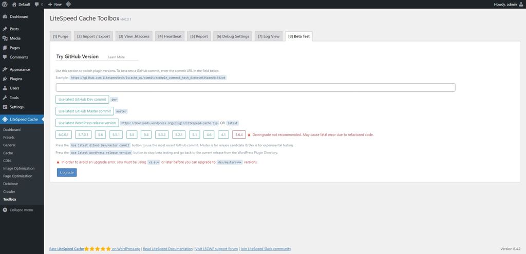LiteSpeed Cache: Toolbox page > Beta Test tab. LiteSpeed Cache: Toolbox page > Beta Test tab.