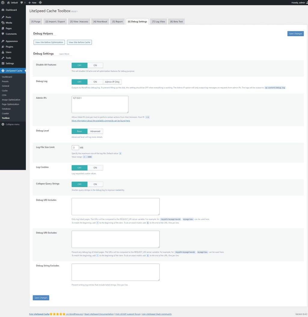 LiteSpeed Cache: Toolbox page > Debug Settings tab. LiteSpeed Cache: Toolbox page > Debug Settings tab.