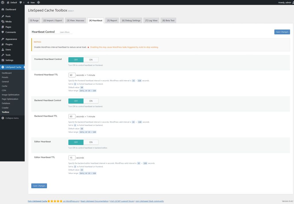LiteSpeed Cache: Toolbox page > Heartbeat tab. LiteSpeed Cache: Toolbox page > Heartbeat tab.
