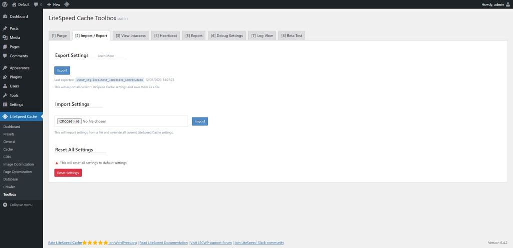 LiteSpeed Cache: Toolbox page > Import / Export tab. LiteSpeed Cache: Toolbox page > Import / Export tab.