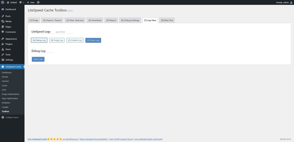 LiteSpeed Cache: Toolbox page > Log View tab. LiteSpeed Cache: Toolbox page > Log View tab.