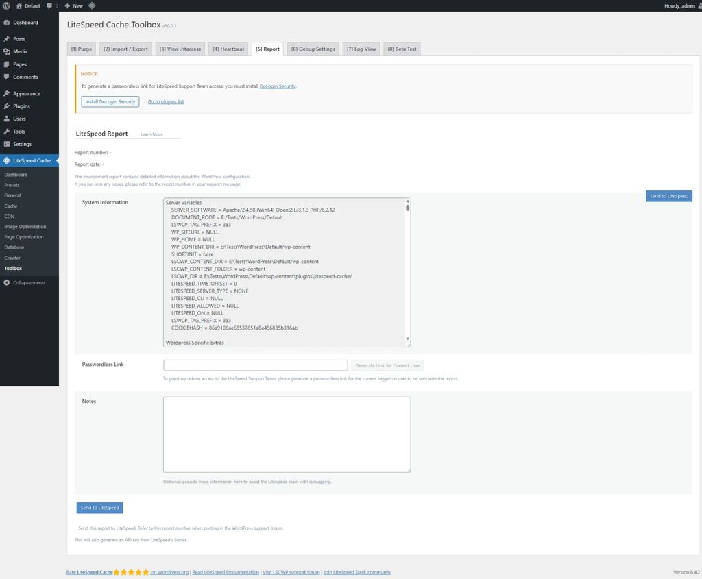 LiteSpeed Cache: Toolbox page > Report tab. LiteSpeed Cache: Toolbox page > Report tab.
