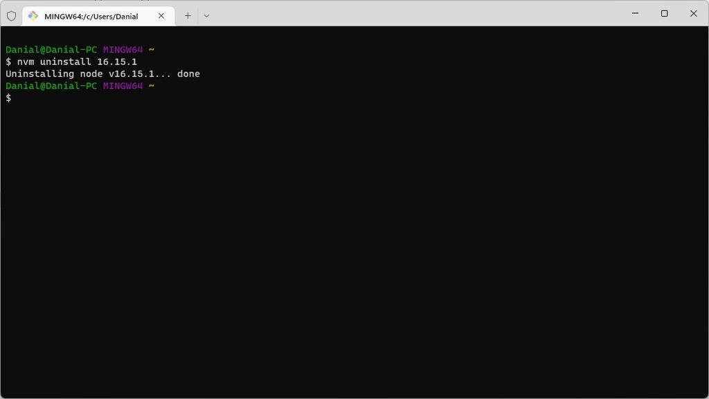 Using the nvm uninstall command to uninstall Node.js version 16.15.1. Using the nvm uninstall command to uninstall Node.js version 16.15.1.