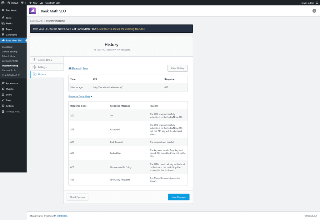 Instant Indexing > History tab. Instant Indexing > History tab.