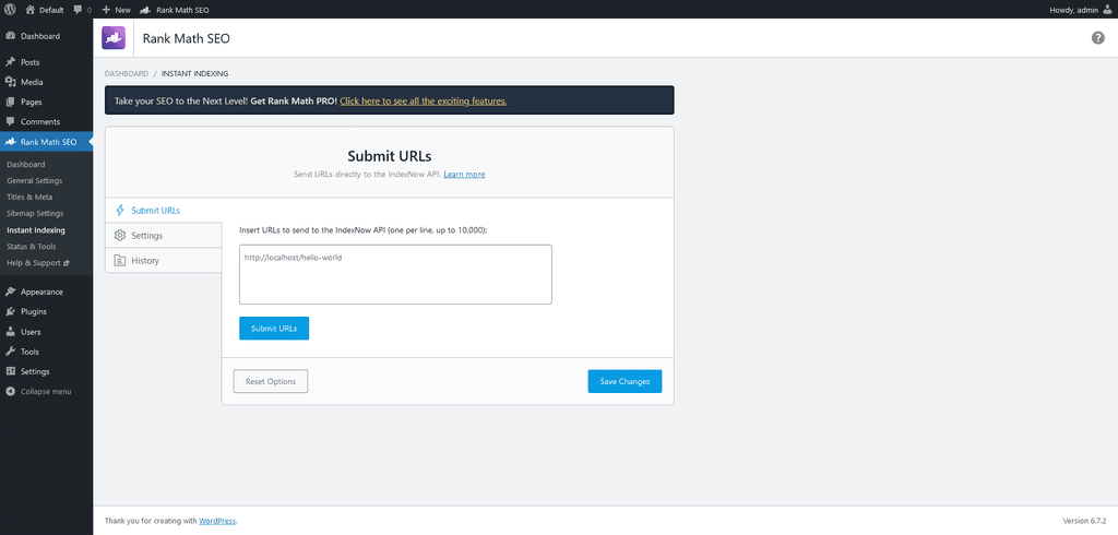 Instant Indexing > Submit URLs tab. Instant Indexing > Submit URLs tab.